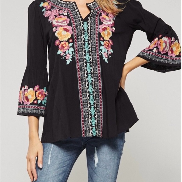 ANDREE Black Embellished Blouse with 3/4 Sleeves - Picture 1 of 7